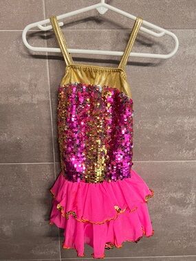 Girls Gold & Hot Pink Sequin Dance Costume Dress
